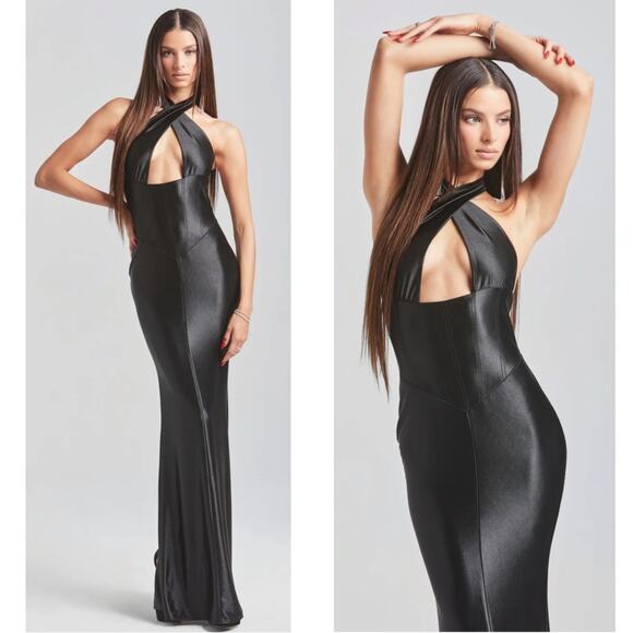 Retrofete Charity Halter Neck Bodycon Black Maxi Gown Size Large - Picture 2 of 15